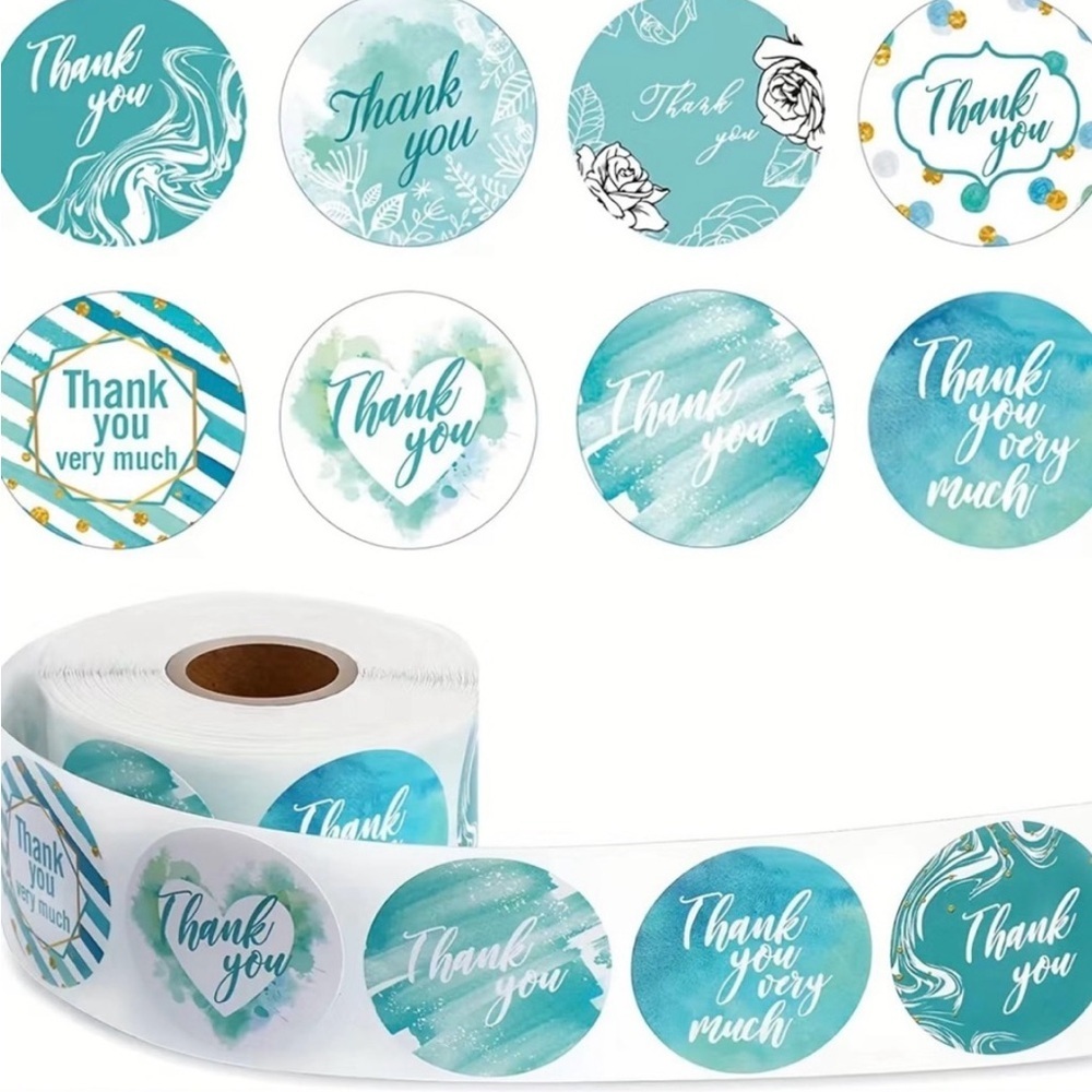 500- Thank You Stickers Roll - Teal and White